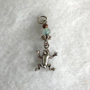 Sterling Silver 925 Tiny Dainty Beaded Aquamarine Frog Dangle Charm Amphibian